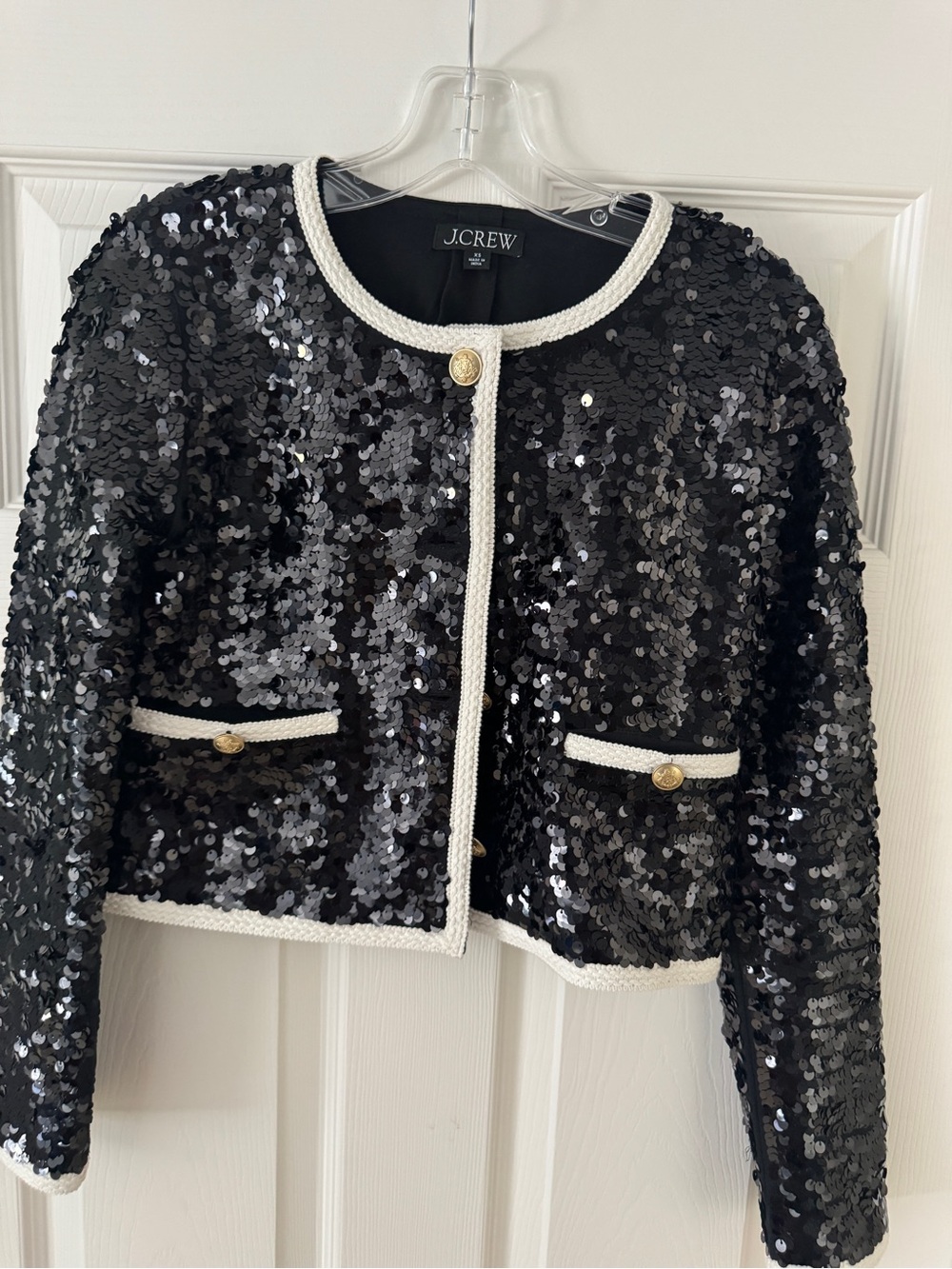 J. Crew Black Sequin Cropped Jacket with White Trim, Sz XS